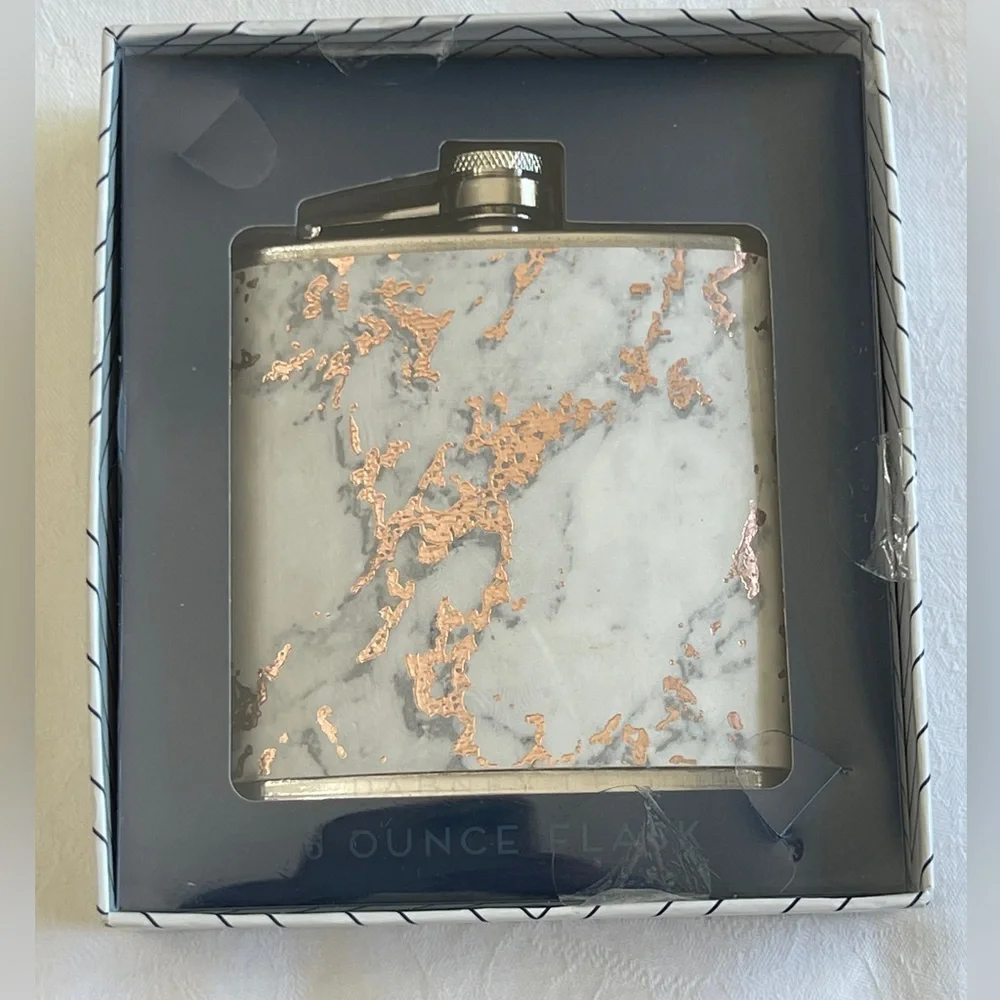 NIB Dabney Lee Flask 6 Oz Stainless Steel White W/Copper & Gray Marble Design - Picture 1 of 5